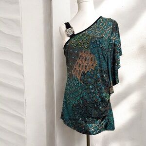 Vintage Y2K boho One-Shoulder Top in Teal and Brown fairy tropical beach
